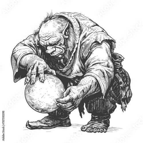 ogre mage or necromancer with magical orb images using Old engraving style