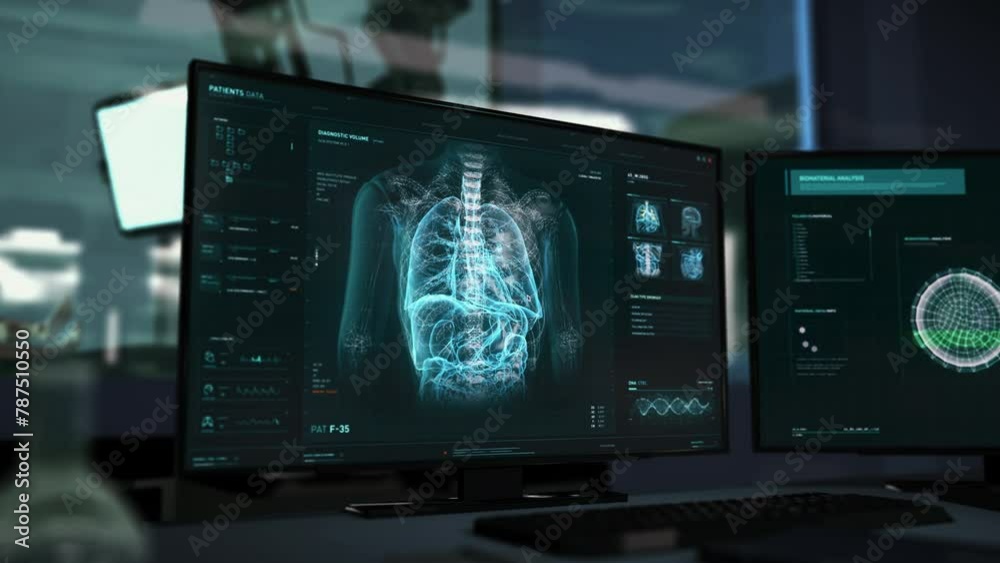 Computer Screen At Medical Laboratory Displays Advanced Diagnostics Software. Modern User Interface Of Program Used At Laboratory. Laboratory Studies Covid-19 Disease. Scientific Research. Computer Screen At Medical Laboratory Displays Advanced Diagnostics Software. Modern User Interface Of Program Used At Laboratory. Laboratory Studies Covid-19 Disease. Scientific Research.