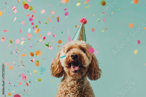 Playful Dog Wearing Party Hat With Confetti