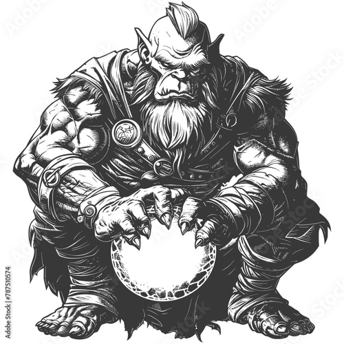 ogre mage or necromancer with magical orb images using Old engraving style