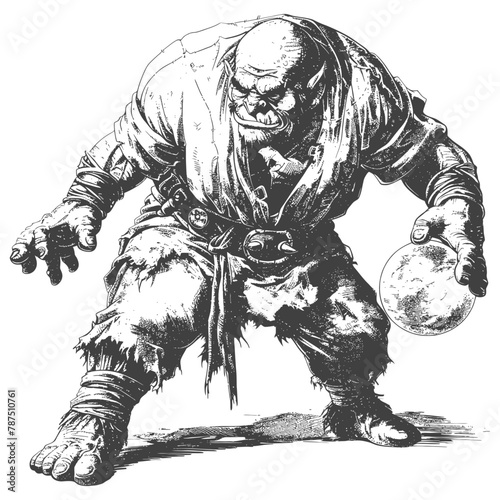 ogre mage or necromancer with magical orb images using Old engraving style