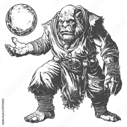 ogre mage or necromancer with magical orb images using Old engraving style