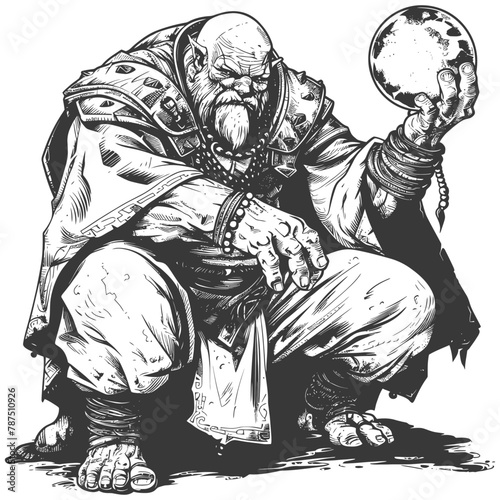 ogre mage or necromancer with magical orb images using Old engraving style
