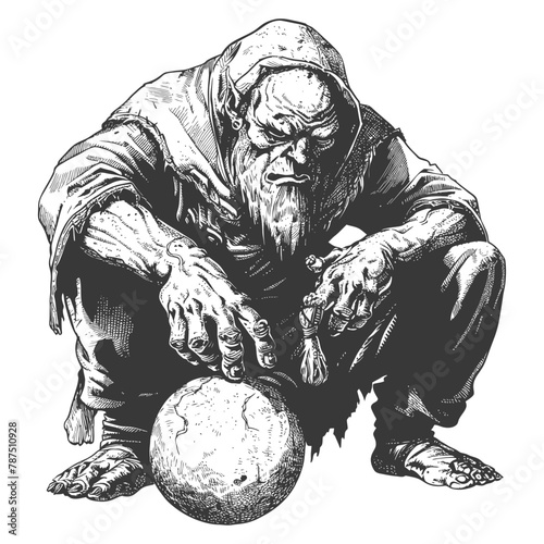 ogre mage or necromancer with magical orb images using Old engraving style