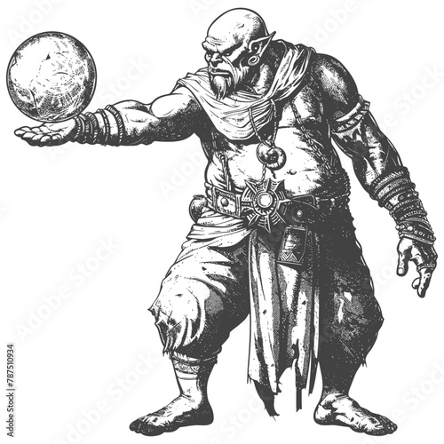 ogre mage or necromancer with magical orb images using Old engraving style