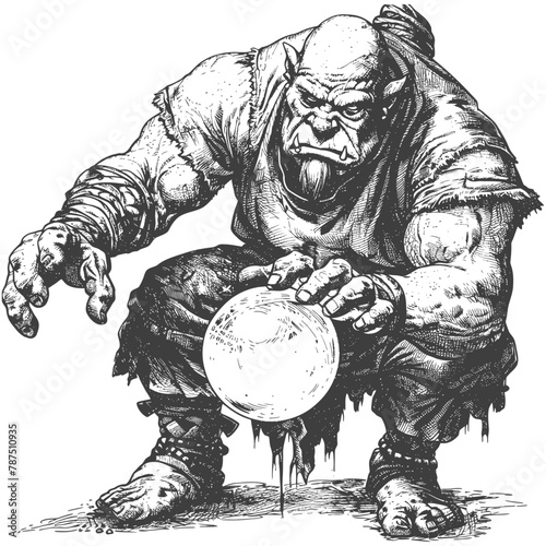 ogre mage or necromancer with magical orb images using Old engraving style
