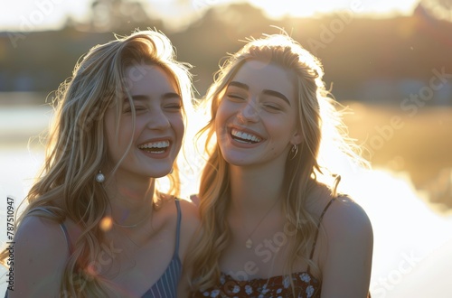 Two Young Women Laughing and Looking at Each Other