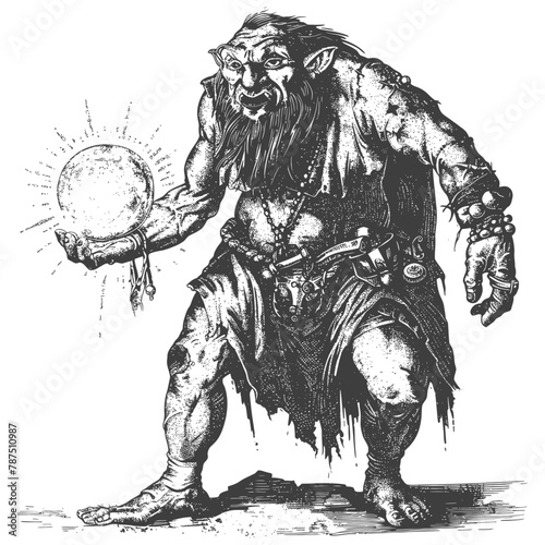 ogre mage or necromancer with magical orb images using Old engraving style