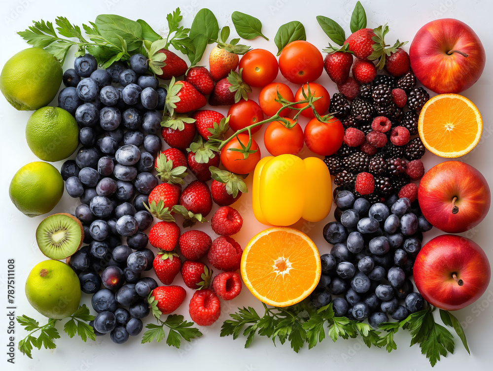Top view of fruits and vegetables arranged neatly on a table Top view of fruits and vegetables arranged neatly on a table
