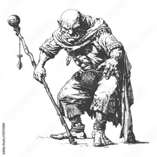 ogre mage or necromancer with magical staff images using Old engraving style