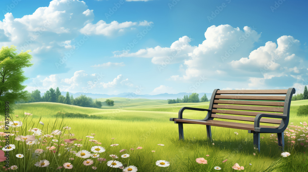 Fototapeta premium Beautiful spring summer natural landscape. Wooden bench on green meadow grass background with blooming flowers, trees, hills, blue sky and clouds on warm sunny day. Colorful bright nature wallpaper.