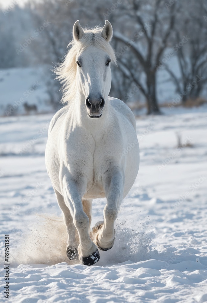Snowy Stroll: White Horse Sauntering in a Wintry Wonderland Snowy Stroll: White Horse Sauntering in a Wintry Wonderland