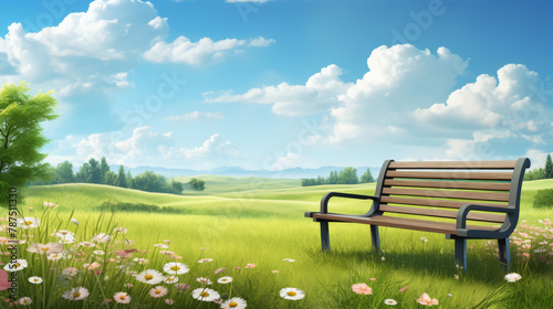 Beautiful spring summer natural landscape. Wooden bench on green meadow grass background with blooming flowers, trees, hills, blue sky and clouds on warm sunny day. Colorful bright nature wallpaper. © cabado