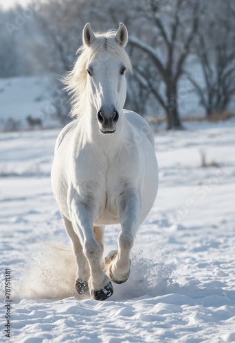 Snowy Stroll: White Horse Sauntering in a Wintry Wonderland