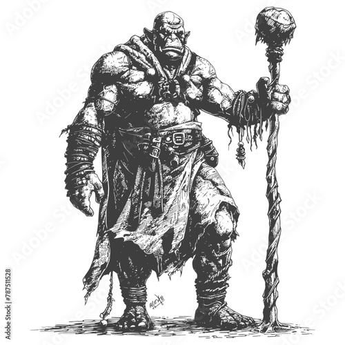 ogre mage or necromancer with magical staff images using Old engraving style