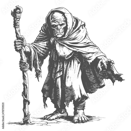 ogre mage or necromancer with magical staff images using Old engraving style