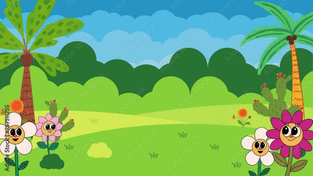 Video animated fields and mountain landscape with funny flower character and clouds in the sky for cartoon landscape, flat animation background Video animated fields and mountain landscape with funny flower character and clouds in the sky for cartoon landscape, flat animation background