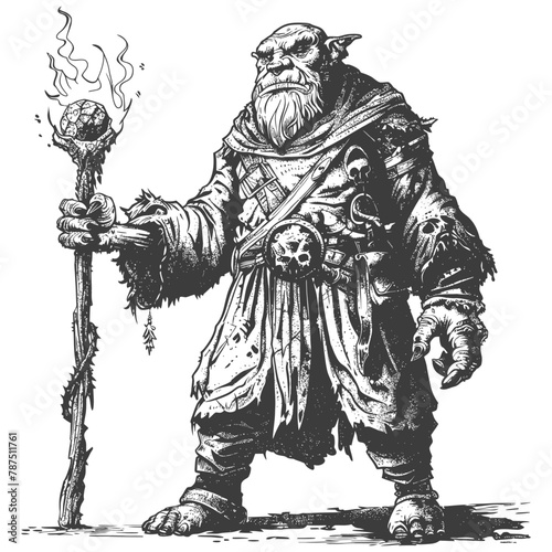 ogre mage or necromancer with magical staff images using Old engraving style