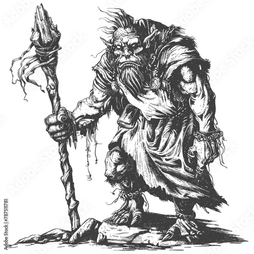 ogre mage or necromancer with magical staff images using Old engraving style