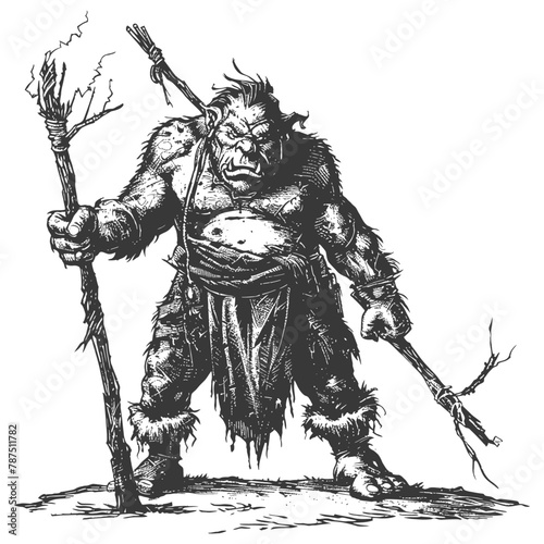 ogre mage or necromancer with magical staff images using Old engraving style