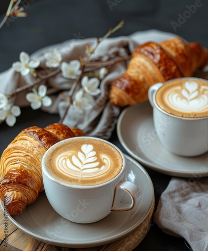 Two Cups of Coffee and Croissants on a Table