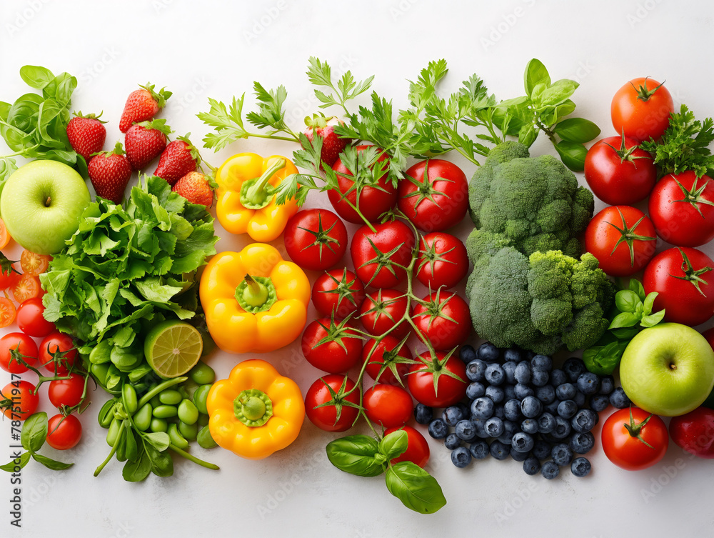 Top view of fruits and vegetables arranged neatly on a table Top view of fruits and vegetables arranged neatly on a table