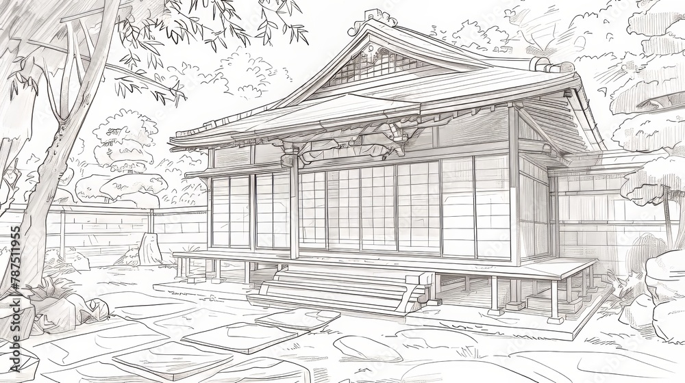 A detailed sketch of a traditional Japanese tea house  AI generated illustration