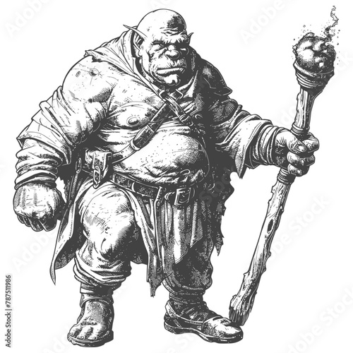 ogre mage or necromancer with magical staff images using Old engraving style