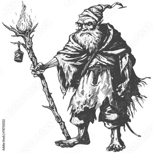 ogre mage or necromancer with magical staff images using Old engraving style