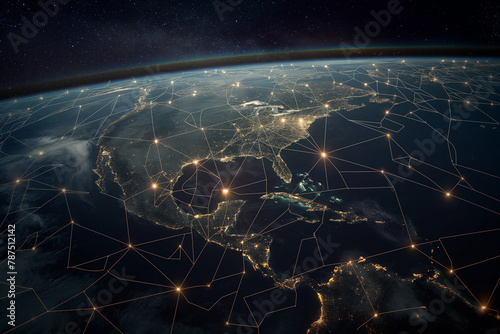 From space, Earth is depicted with a network of digital lines connecting major cities and ports, showcasing the efficiency and agility of interconnected supply chains.