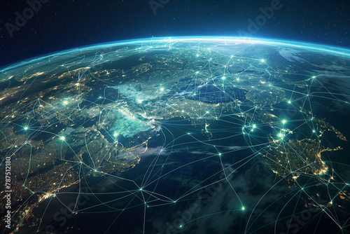From space, Earth is depicted with a network of digital lines connecting major cities and ports, showcasing the efficiency and agility of interconnected supply chains.