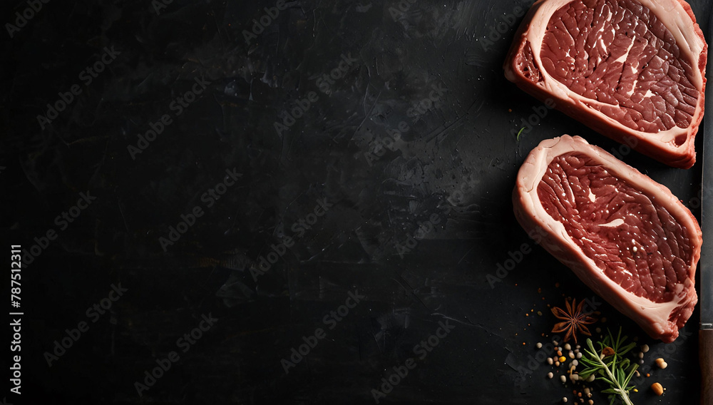 Meat steak. Beef steak dry aged with spices on black background. Top view.Place for text, empty space.