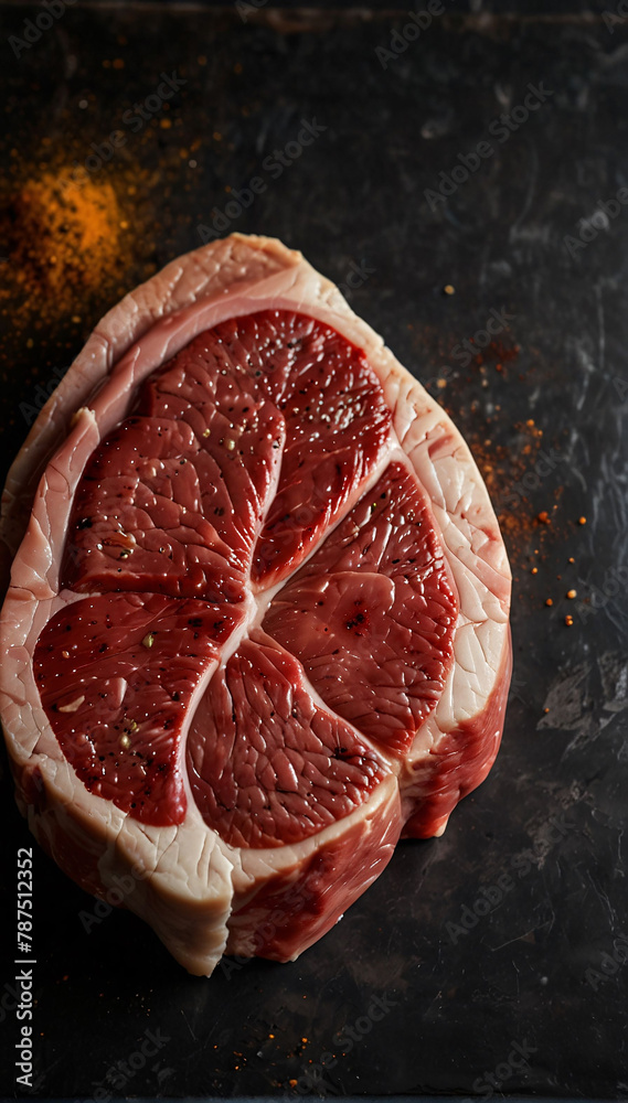 Meat steak. Beef steak dry aged with spices on black background. Top view.Place for text, empty space. Meat steak. Beef steak dry aged with spices on black background. Top view.Place for text, empty space.