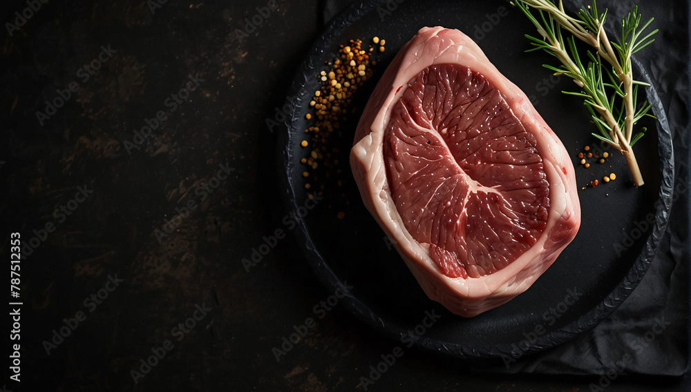 Meat steak. Beef steak dry aged with spices on black background. Top view.Place for text, empty space.