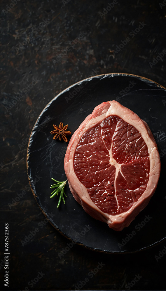 Meat steak. Beef steak dry aged with spices on black background. Top view.Place for text, empty space. Meat steak. Beef steak dry aged with spices on black background. Top view.Place for text, empty space.