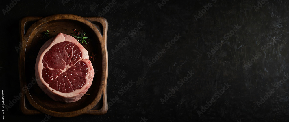 Meat steak. Beef steak dry aged with spices on black background. Top view.Place for text, empty space. Meat steak. Beef steak dry aged with spices on black background. Top view.Place for text, empty space.