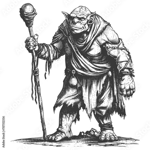 ogre mage or necromancer with magical staff images using Old engraving style