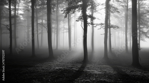 A foggy forest with shadows lurking in the trees AI generated illustration
