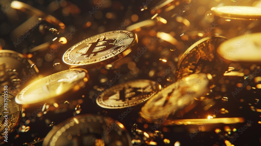 golden bitcoins falling, dark background