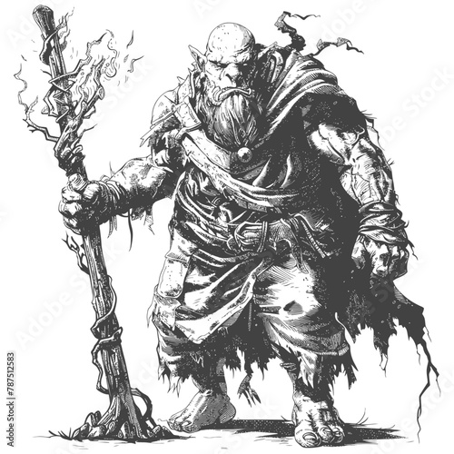 ogre mage or necromancer with magical staff images using Old engraving style