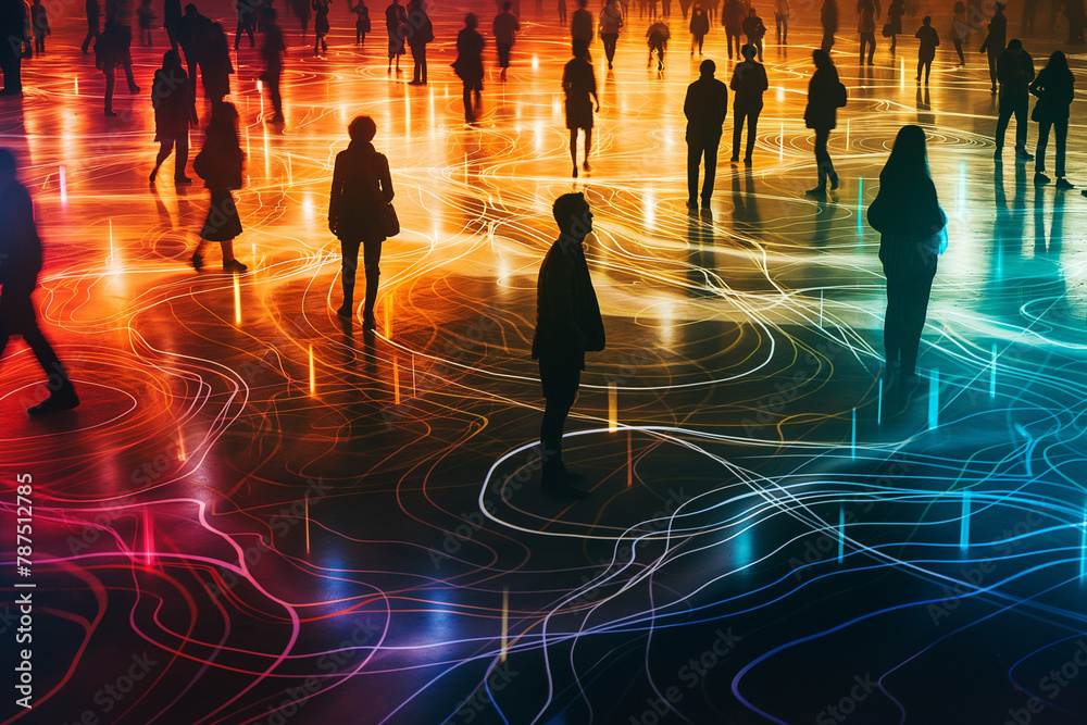 Silhouettes of people stand connected by dynamic lines that weave around them, illustrating the fluidity and connectivity of social interactions in a digital era. Silhouettes of people stand connected by dynamic lines that weave around them, illustrating the fluidity and connectivity of social interactions in a digital era.