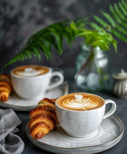 Two Cups of Coffee and a Croissant on a Plate