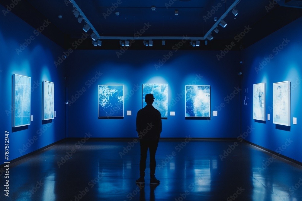 Silhouette of a Man Exploring a Modern Art Gallery with Rich Sapphire Blue Walls Silhouette of a Man Exploring a Modern Art Gallery with Rich Sapphire Blue Walls