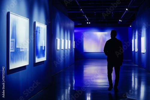 Silhouette of a Man Exploring a Modern Art Gallery with Rich Sapphire Blue Walls
