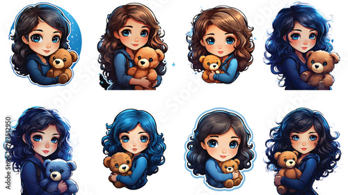 A set of stickers of a chibi girl hugging her teddy bear, large blue eyes surrounded by thick eyelashes, mimicking a doll, captured in sharp focus,