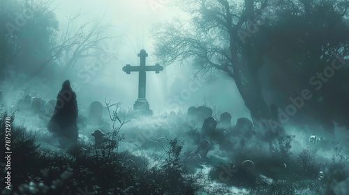 A ghostly figure floating through a misty graveyard AI generated illustration