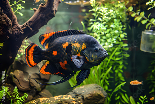 Oscar Fish in Well-Maintained Aquatic Environment – An Illustration of Detailed Care and Attention