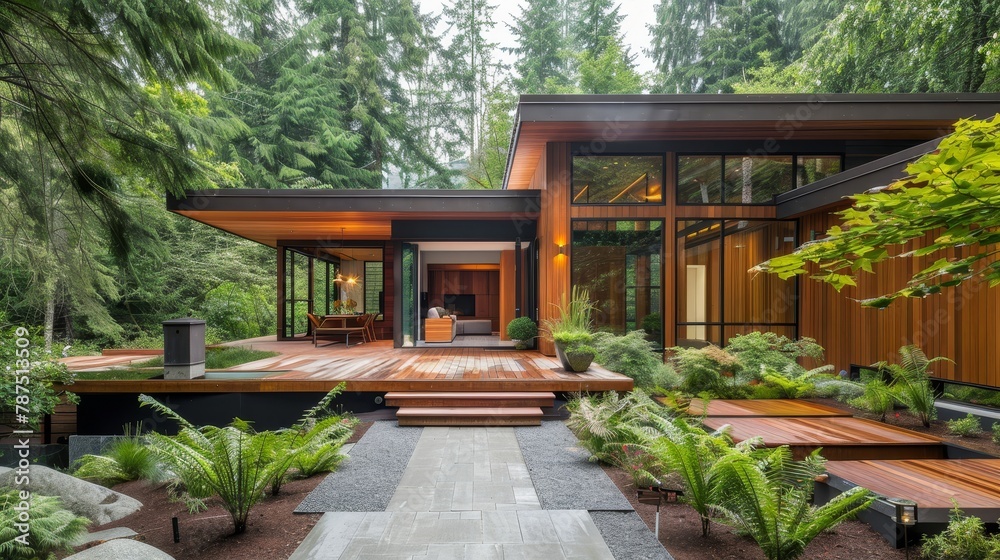 A luxury wooden cabin with spruce-lined landscaping and modern design AI generated illustration A luxury wooden cabin with spruce-lined landscaping and modern design AI generated illustration