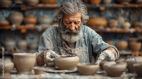 A serene portrait of a potter in their studio, the shape of the clay and the focus of the artist capturing the essence of creation.