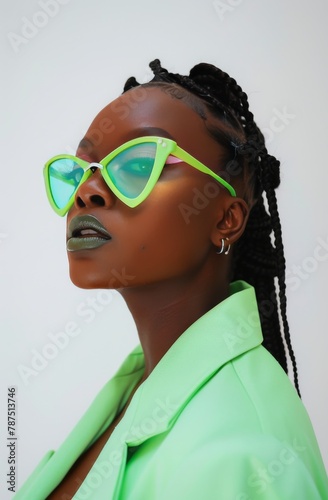 Woman Wearing Neon Green Sunglasses and Green Jacket